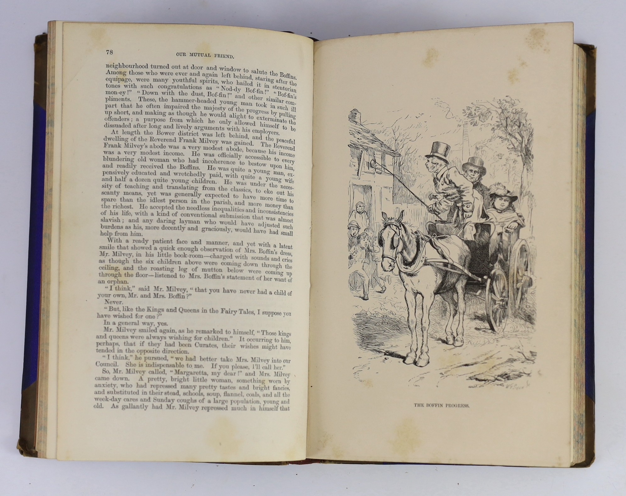 Dickens, Charles - Our Mutual Friend, 1st edition in book form, 2 vols, 8vo, quarter calf, cloth boards, illustrated with 40 plates by Marcus Stone, loss to upper section of vol.2 spine, tear to upper section Vol. 1 spin